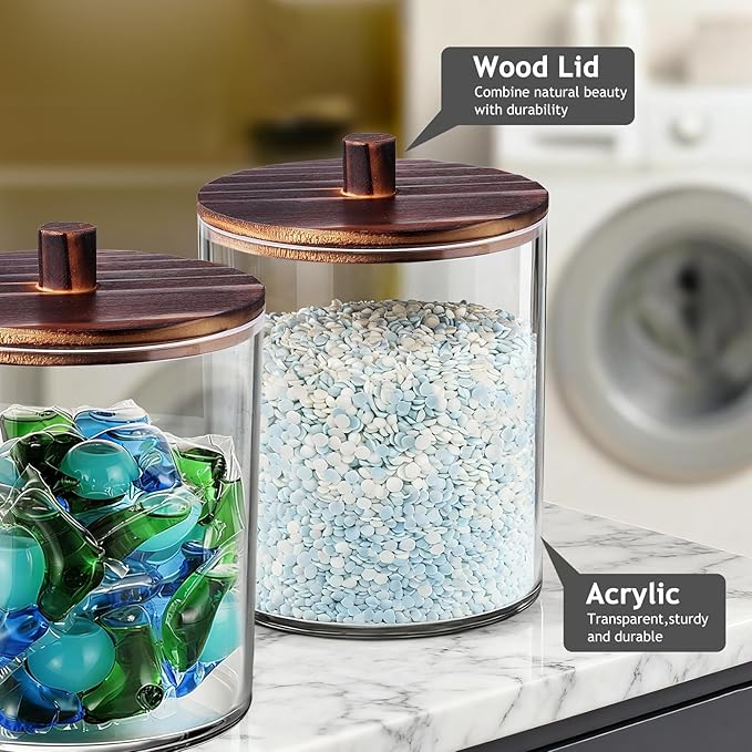 SheeChung 2 Pack 50 Oz Dark Wood Lid Large Apothecary Jar - Rustic Farmhouse Laundry Room Decor - Container for Bathroom Organization - Clear Storage Canister for Scent Beads & Salts