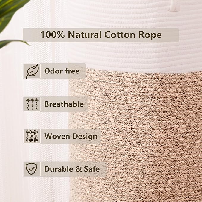 60L Hamper Laundry Basket Tall Woven Clothes Hamper for Baby Girls Nursery Kids Cotton Rope Blanket Basket in Living Room Bathroom Bedroom Brown 15Dx20H inches Large