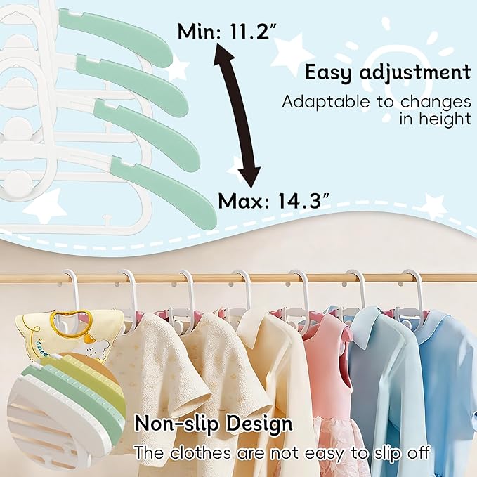 30 Pack Baby Kids Clothes Hangers Adjustable Stackable for Infant to Children - Thick Plastic, Non-Slip, Space Saving, Green