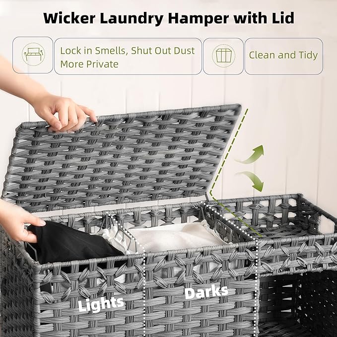 Laundry Hamper with Lid, 160L Rattan Wicker Laundry Basket with Wheels, Handwoven Laundry Hamper 2-Section with Storage shelf(42.3 Gal), Laundry Sorter Basket with Removable Liner, Grey HLH032G