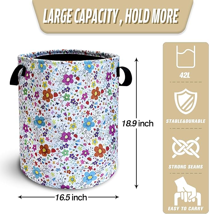 Colorful Artistic Flowers Laundry Basket Floral Foldable Oxford Cloth Funny Tote Bag Laundry Hamper Clothes Storage Bucket Toy Organizer For Bathroom/Laundry Storage/Bedroom 18.9x16.5 Inch