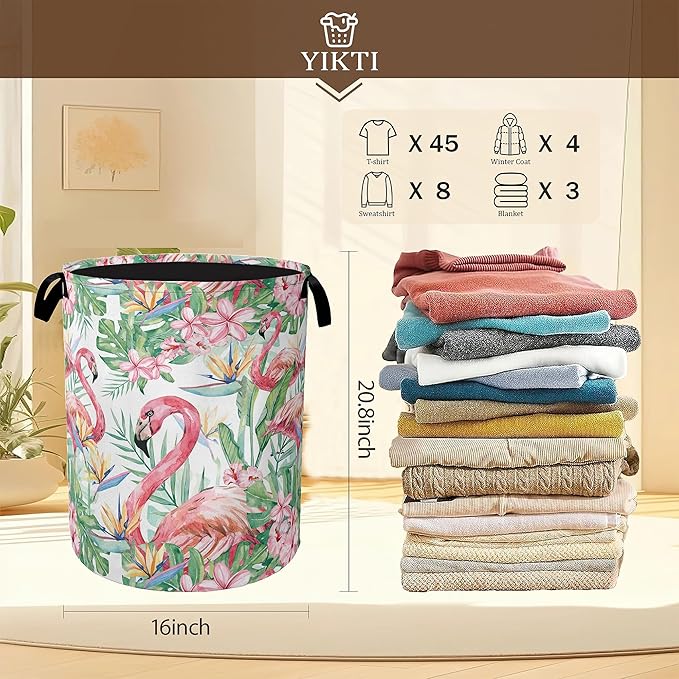 Watercolor Flamingo Laundry Hamper,Tropical Flower Leaves Clothes Hamper for Laundry,Waterproof Oxford Toy Storage Collapsible Hampers for Bedroom, Dorm Room,Bathroom,16x20 Inch