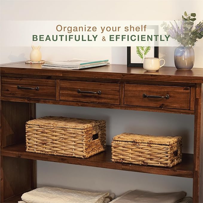 Set of 2 Wicker Baskets with Lid - Decorative Storage Boxes for Home Decor, Shelves - Woven Basket with Lid - Wicker Decor - Rattan Box - Decorative Bins with Lids (Natural)