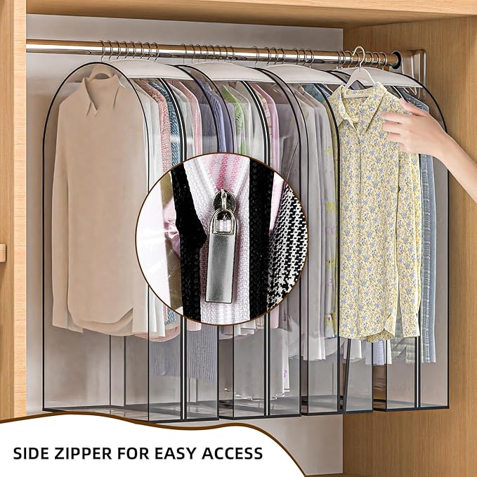Upgraded Thickened Clear Garment Bags for Hanging Clothes 4 Packs, 10“ Gusseted Clothes Hanging Storage Bags for Closet, Shirts, Coats, Dresses (50 inch)