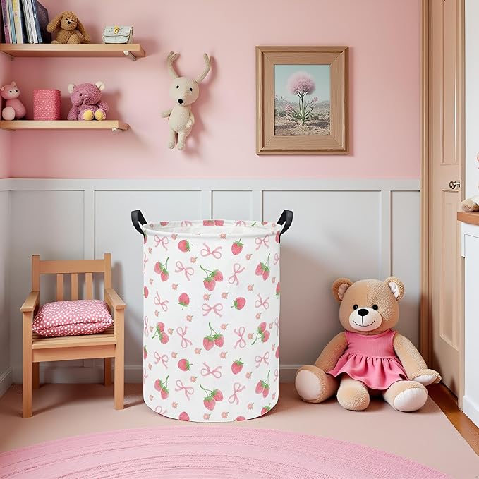 Baby Laundry Hamper kids laundry Basket Waterproof Storage Bin for Bedroom Toy Clothes Organizer Basket Woodland Animals Room Décor(Bowknot Strawberry)