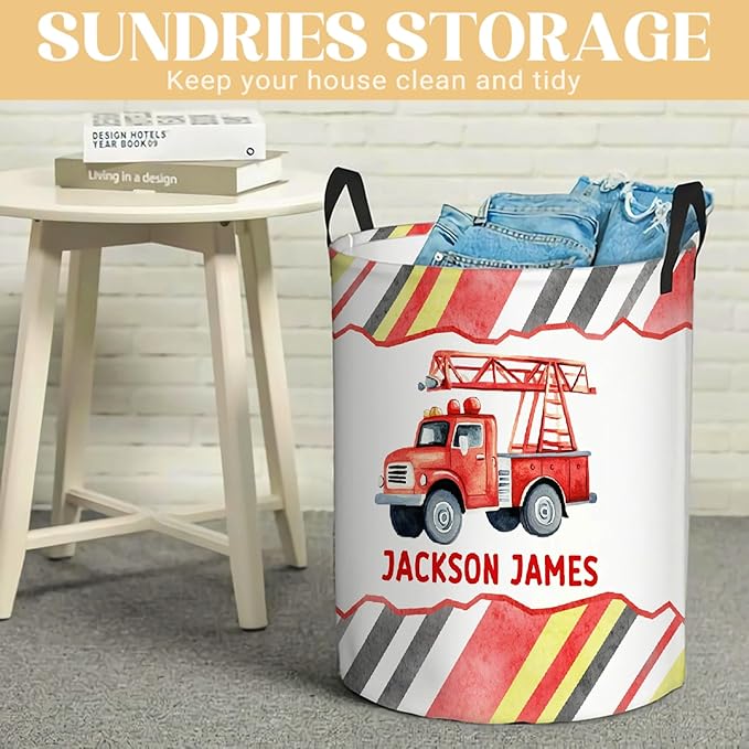 Personalized Fire Trucks Laundry Basket, Custom Laundry Hamper With Name Gifts For Kids Baby Adults, Collapsible Dirty Clothes Storage Organizer With Handles S 16.5 X 13.8in