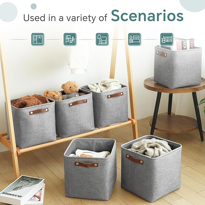 Cube Storage Baskets 6 Pack, 11x11 inch Cube Storage Bins with Leather Handles for Shelf Closet (Gray)