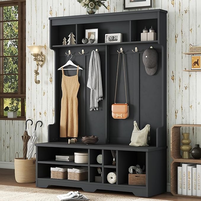 60 inch Hall Tree with Bench and Shoe Storage, Shelf, Wood Hall Tree with 6 Hooks/Mudroom Bench with Storage and Hooks, Hall Trees for Entryway, Hallway, Living Room, Black