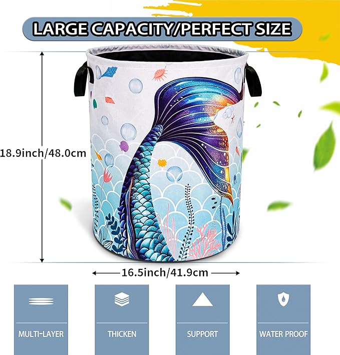 Blue Purple Mermaid Tail Laundry Basket Beautiful Foldable Oxford Cloth Funny Tote Bag Laundry Hamper Clothes Storage Bucket Toy Organizer For Bathroom/Laundry Storage/Bedroom 18.9x16.5 In