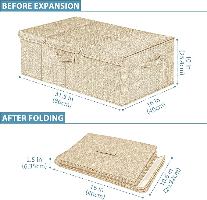 Deep Under Bed Storage Container, 10" Tall Height Underbed Box Bin with Lids 31" Long Large Basket for Under Bed, Bedroom, Dorms, Clothes, Bed sheets, Blankets, 2 Pack, Beige