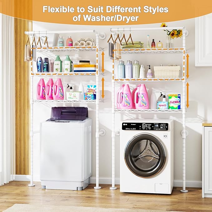 U17 Wall-Mounted Over The Washer Dryer Shelves Without Moving Machines, Laundry Room Rack with Adjustable Shelves and Hanger Rod, 35" W x 22" D x 86.2" H, Holds 352 lbs, White
