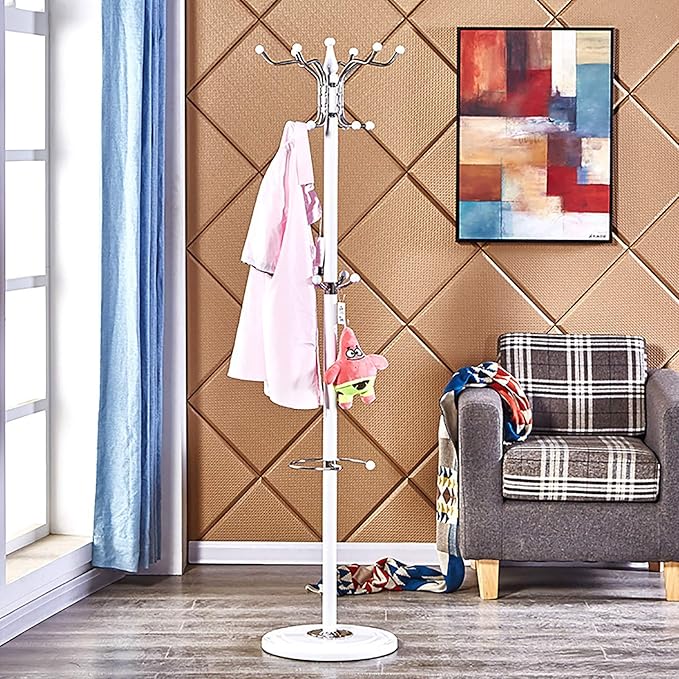 67" Metal Coat Rack Stand with Natural Marble Base, Free Standing Hall Tree with 16 Hooks for Hanging Scarf, Bag, Jacket, Home Entry-way Hat Hanger Organizer (White)