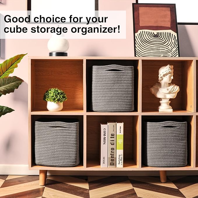 11 Inch Cube Storage Bins, 11x11 Organizer Bins for Cube Organizer, Square Cloth Storage Cubes, Woven Storage Baskets for Shelves, Toy Rope Baskets Storage Kids, Grey (Pack of 3)