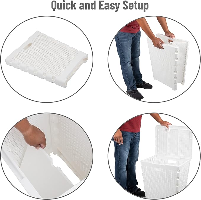 Mind Reader 61L Foldable Laundry Hamper, Clothes Basket, Lid, Wicker Design, Plastic, 18"L x 14.5"W x 21.25"H, White