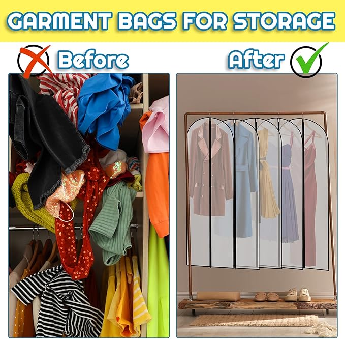 Amylove 20 Pcs 24 x 60 Inch Garment Bags Bulk Hanging Clothes Storage Covers for Closet Organization Dustproof Transparent Dress Suit Bag Set for Wedding Dresses Long Gowns Coats Seasonal Wardrobe