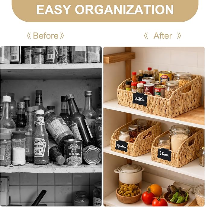 Wicker Baskets for Organizing,Pantry Baskets with Built-in Handles, Handwoven Wicker Storage Basket, Water Hyacinth Storage Bins for Shelves, 3 Pack, Small Natural 2 Set