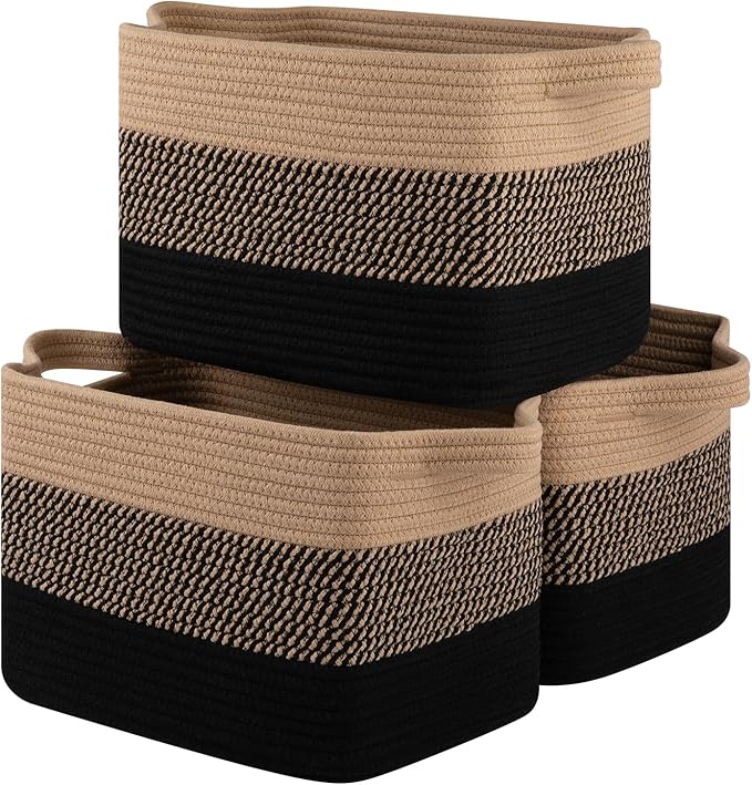Storage Basket for Organizing, Woven Baskets for Storage, Rectangle Decorative Baskets for Shleves, Closet, Toys, Books, Nursery Organizer Bins - Pack of 3 (Black & Brown, 15.75"x11.8"x9.85")