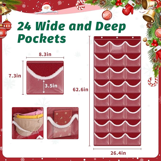 LoforHoney Hat Organizer for Baseball Caps, Over The Door Hat Rack with 24-Pocket, 3 Hooks, Christmas Organizer for Santa Hats, Stockings, Gifts, Festive Red with White Fluffy Trim-Ideal Holiday Gift