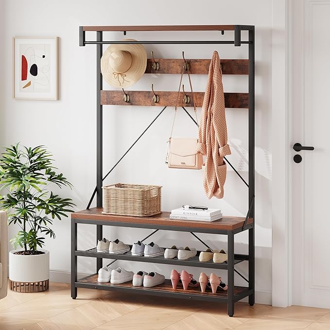 Industrial Hall Tree with Shoe Bench & Coat Rack - 8 Hooks, Storage Shelf & Hanging Bar for Entryway, Rustic Brown Wood Look Accent Furniture