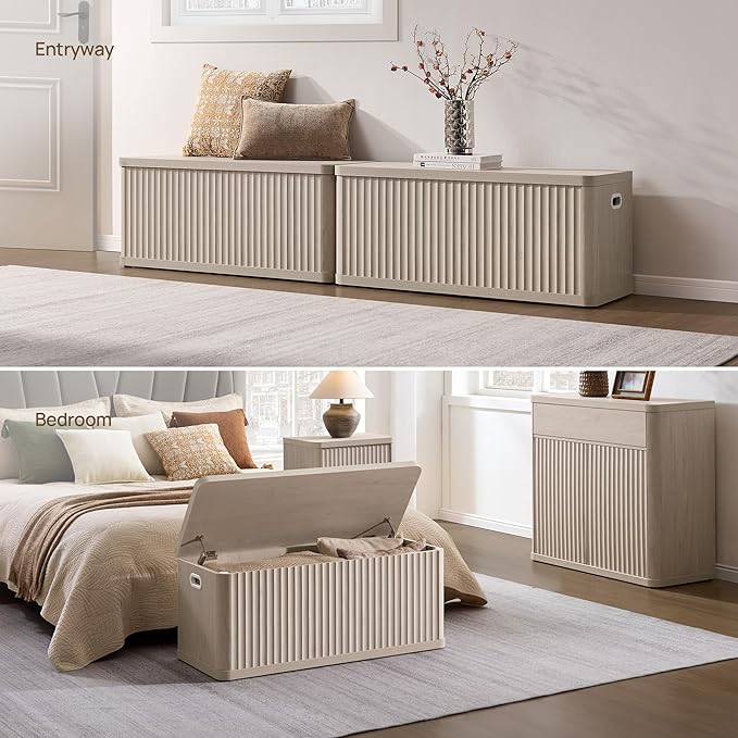 SICOTAS Storage Bench 40.2" Wide Shoe Bench with Lift Top Large Wooden Storage Chest Trunk Modern Blanket Chest with 2 Safety Hinges & Seating for Bedroom Entryway Living Room Hallway