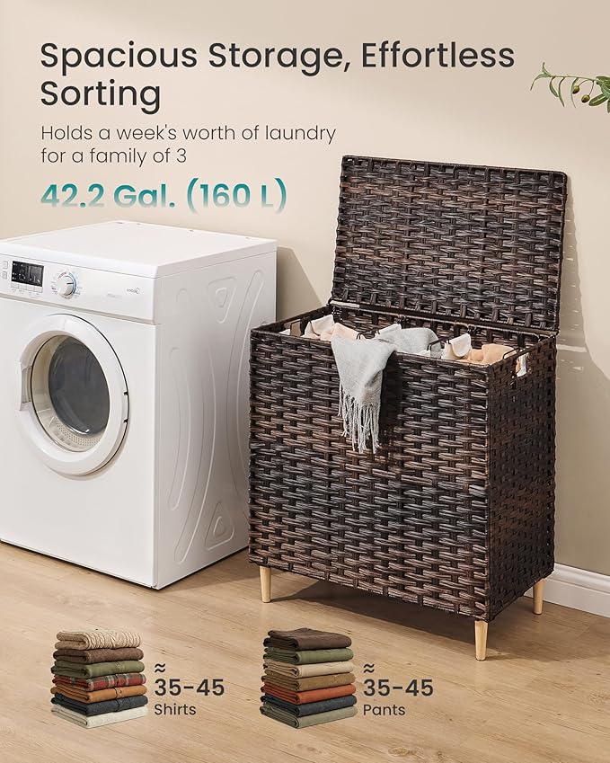 SONGMICS Laundry Hamper with Lid, 42 Gal. (160 L) PE Rattan Laundry Basket with Lid and Handles, Natural Material,Removable Machine Washable Liner, Chestnut Brown ULCB223ME01