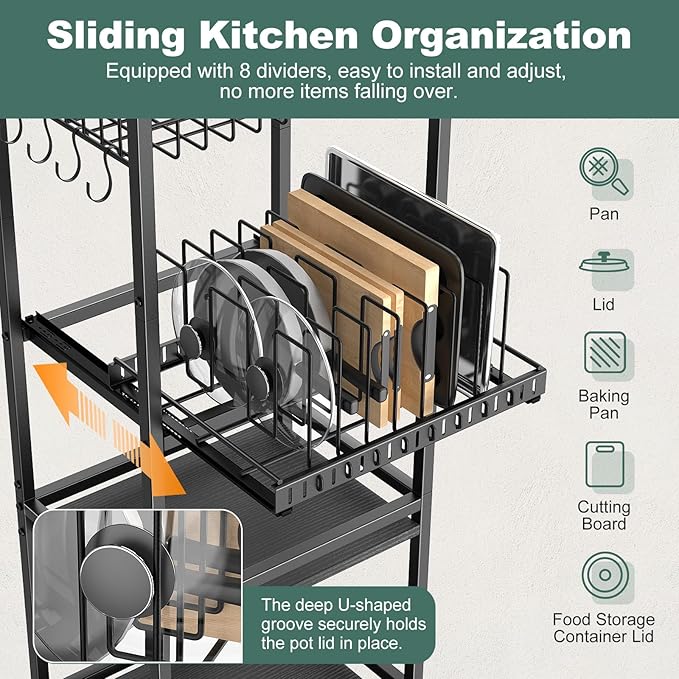 Housolution 5 Tier Kitchen Rolling Cart, Storage Cart with Metal Fruit Vegetable Basket and Pull-Out Pot Lid Cutting Board Organizer, Storage Rack with Wooden Top for Kitchen, Pantry, Bathroom