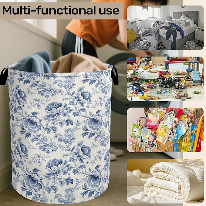 Beige Navy Blue Floral Laundry Basket with Handles - Extra Large Foldable Hamper for Bathroom/Laundry/Bedroom/Dorm, Washable Fabric Storage Bin