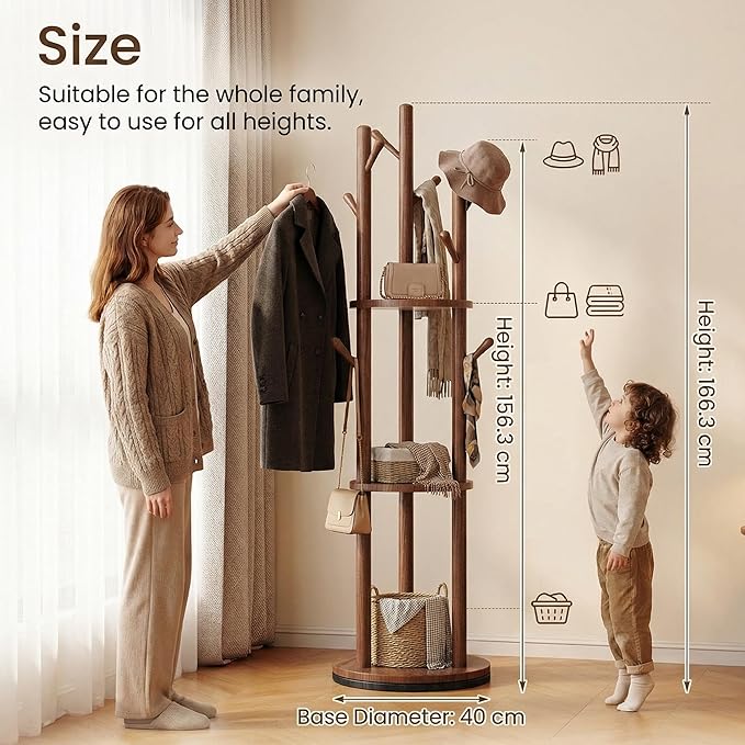 Solid Wood Freestanding Coat Rack, Coat Tree with 3 Shelves & 9 Hooks, 360° Smooth Rotation, Space-Saving Corner Coat Rack, Coat Hanger Stand for Entryway, Bedroom, Living Room(Walnut)