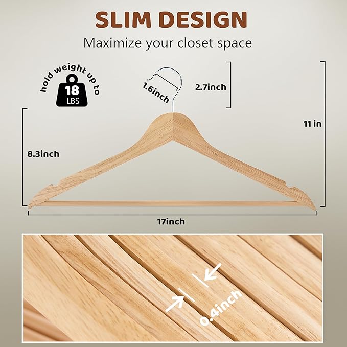 Wooden Hangers 20 Pack, Durable Wood Hangers with 360° Swivel Hook & Notches, Slim Coat Hanger Wooden for Closet, Natural