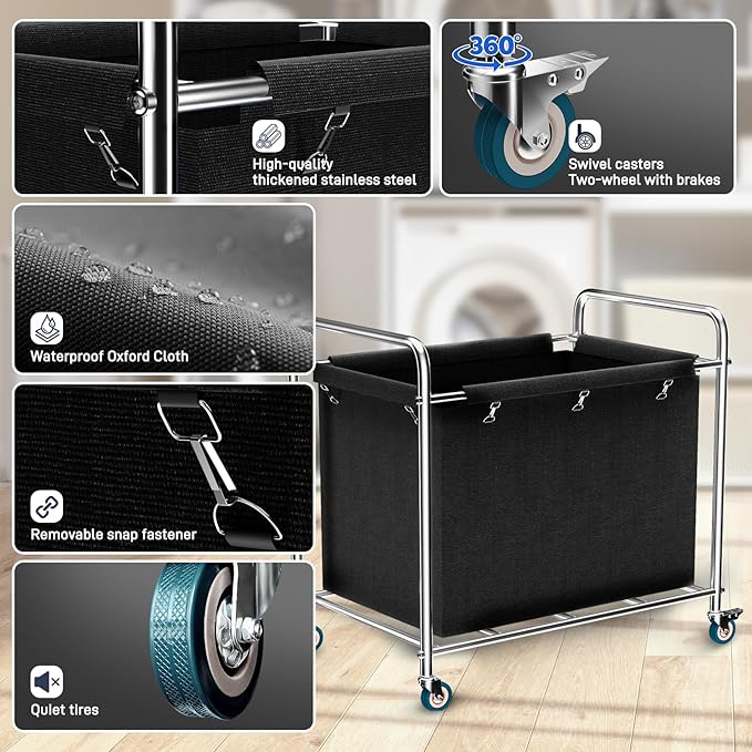 Commercial Laundry Cart with Wheels, 440 lbs Heavy Duty Industrial Laundry Cart with Sturdy Frame and Oxford Bag for Home Hotel Hospital, Rolling Laundry Cart for Home & Hotel, 400L(Black)