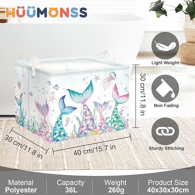 Fantasy Princess Laundry Hamper Colorful Large Storage Basket Collapsible Parents Organizer Kids Toy Clothes Bins for Bedroom, Bathroom, Mermaid, 36L