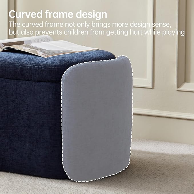 VKNOW Oval Storage Ottoman Bench, 46" Upholstered End of Bed Bench Ottomans Bench Foot Rest, Sherpa Storage Bench for Bedroom, Living Room and Hallway, Navy