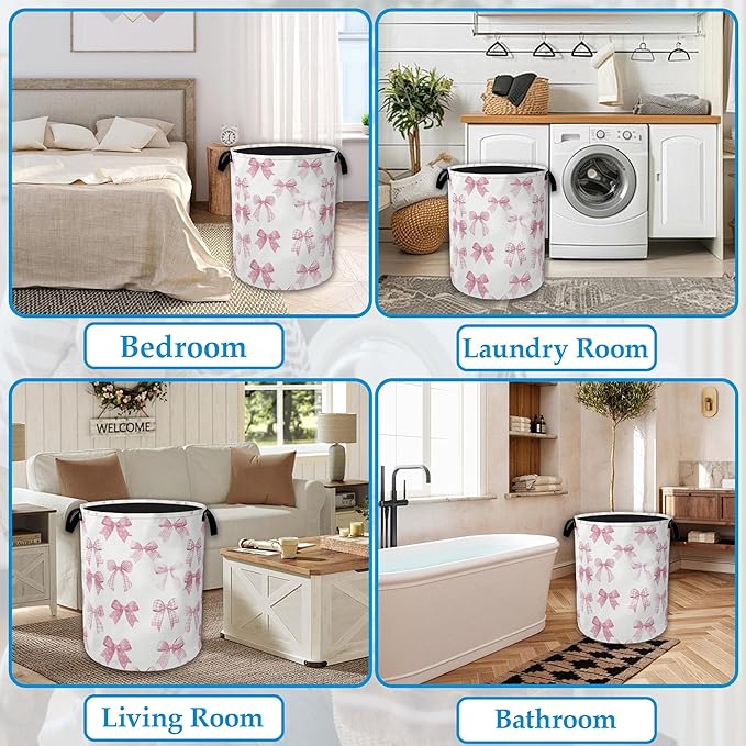 Pink Bowknot Laundry Basket Collapsible Laundry Hamper, Oxford Cloth Storage Bin for Room/Bathroom/Bedroom/Dormitories 16" X 20.8"