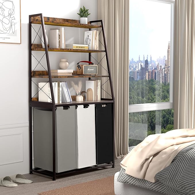 Laundry Basket, 3 Section Laundry Hamper with 4 Tiers Shelf, Pull-Out and Removable Laundry Bags, Large 3 x 15.87 Gallons, for Laundry Room Bathroom Rustic Brown PF05XLN