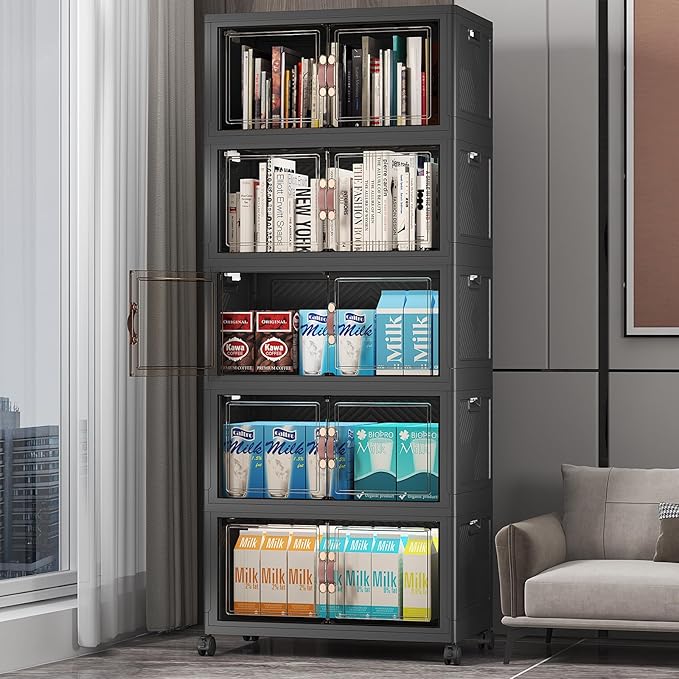 Extra Large Stackable Storage Bins with Lids & Wheels & Door, 260QT-52QT/13GAL*5Pack Foldable Collapsible Closet Organizers, Plastic containers drawers for bedroom Dorm