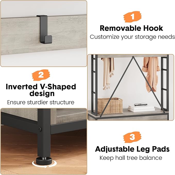 Industrial Hall Tree with Shoe Bench & Coat Rack - 8 Hooks, Storage Shelf & Hanging Bar for Entryway, Grey Wood Look Accent Furniture