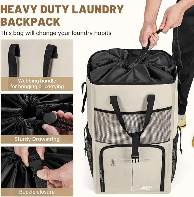 95L Laundry Backpack Bag with 3 Sizes Mesh Wash Bags Empty, Extra Large 2 in 1 Laundry Hamper Basket with Shoulder Straps, Freestanding Laundry Bag for College Dorm, Laundromat, Apartment (Beige)