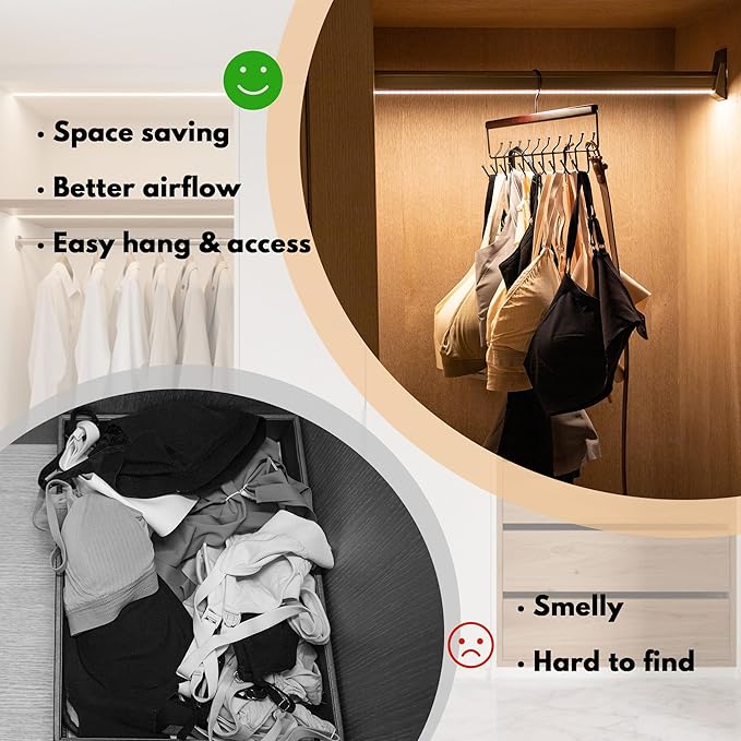 Bra Hanger 2 Pack with Premium Wood, 40 Hooks Large Capacity Closet Organizer for Belt Bra Tie Scarf and Tank Top, Space Saving Rack 360° Rotatable with Sturdy Metal Hooks