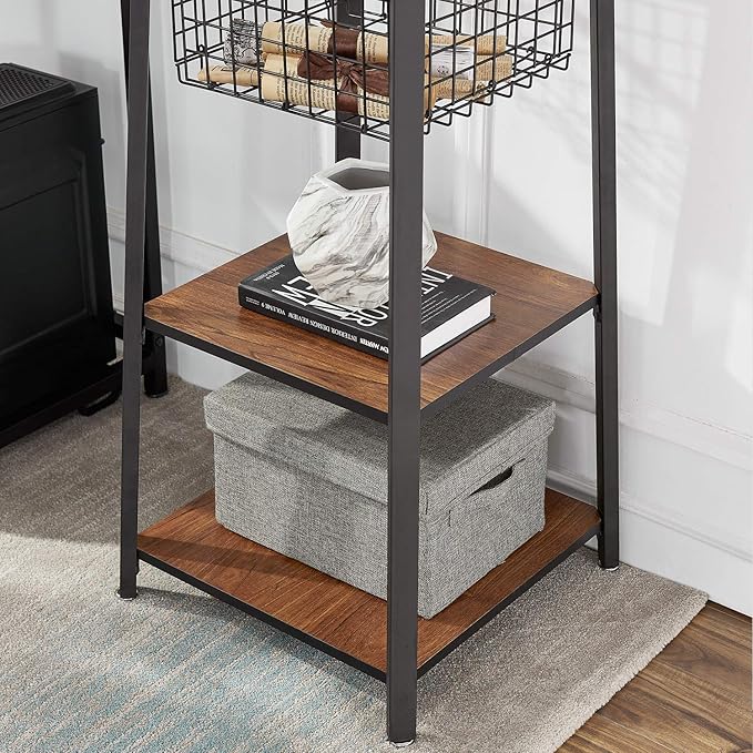 VECELO Industrial Coat Rack,Enterway Clothes Stand With 2 Tier Storage Shelves/Basket,Hall Trees with 8 Dual Hooks, Brown+Black