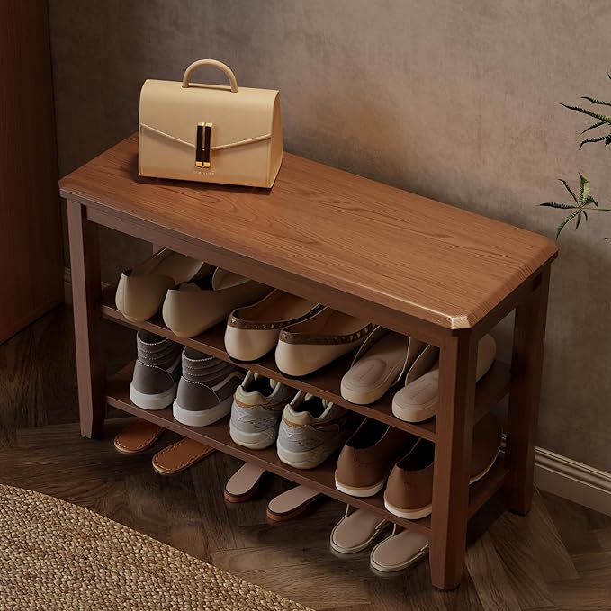 AQIMUELE Wood Shoe Rack Bench for Entryway, 2 Tier Shoe Rack for Front Door Entrance, Shoe Bench with Shoe Storage for Entryway, Bedroom, 31.5"