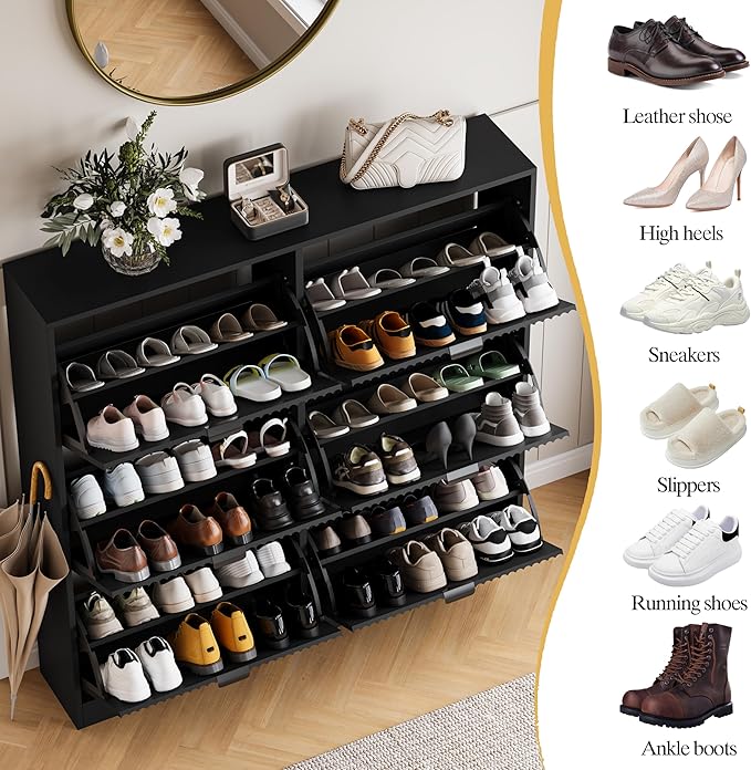 Shoe Cabinet Storage for Entryway with 6 Flip Drawers, Black Fluted Shoe Cabinet with Adjustable Shelves, Wooden Hidden Shoe Rack Freestanding Narrow Slim Shoes Storage for Hallway, Entrance