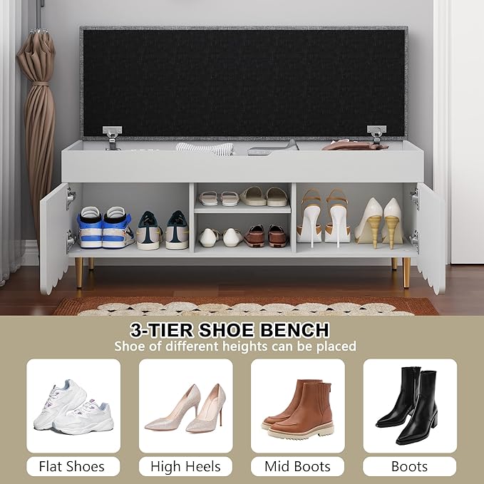 3More 40" Entryway Shoe Storage Bench,Upholstered Hidden Space Beneath Seat Cushion Bench,2-Tier Unique Geometric Shape with Wood Grain,White