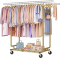 Hoctieon 2-Minute Assembly Double Rod Clothes Rack, Heavy Duty Rolling Clothing Racks with Wheels, Foldable Commercial Garment Rack, Extendable Hanging Bar, Adjustable Metal Pole with Hooks, Gold
