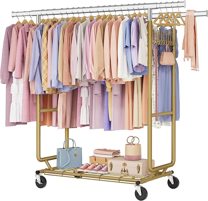 Hoctieon 2-Minute Assembly Double Rod Clothes Rack, Heavy Duty Rolling Clothing Racks with Wheels, Foldable Commercial Garment Rack, Extendable Hanging Bar, Adjustable Metal Pole with Hooks, Gold