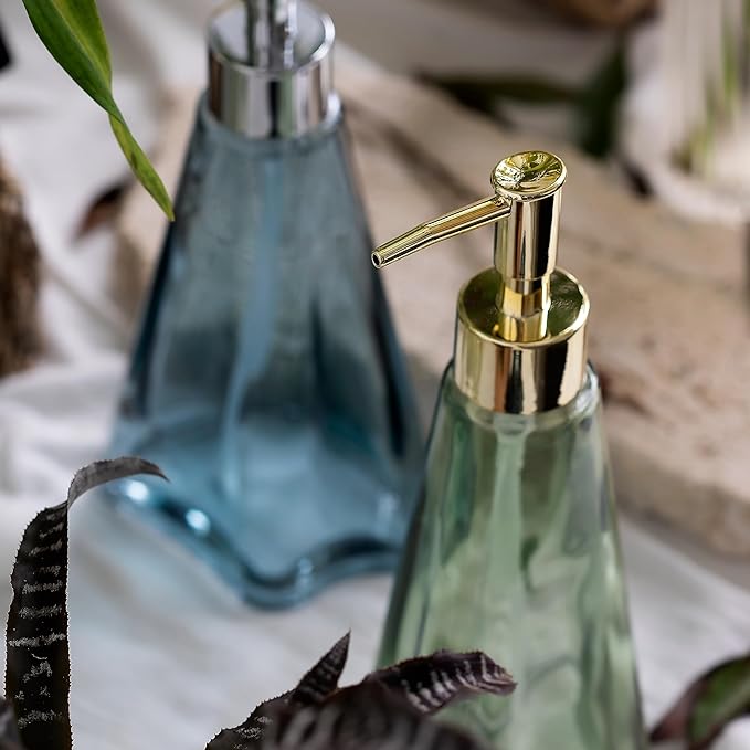 EMPO Vintage Elegant Glass Soap Dispenser, Liquid Soap/Sanitizer/Shampoo Bottle with Golden ABS Pump, Rustic Farmhouse Decor Hand Soap Dispenser Bathroom Accessories (Ripple Yellow-Green)