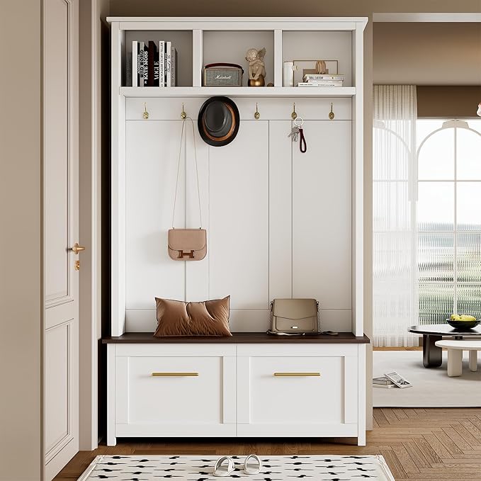 Modern Hall Tree with 6 Golden Hooks, Wood Entryway Coat Hanger with Brown Wood Grain Storage Bench and Top Open Storage Shelves, Versatile 4-in-1 Entryway Coat Rack for Entrance Hallway (White-9.8)