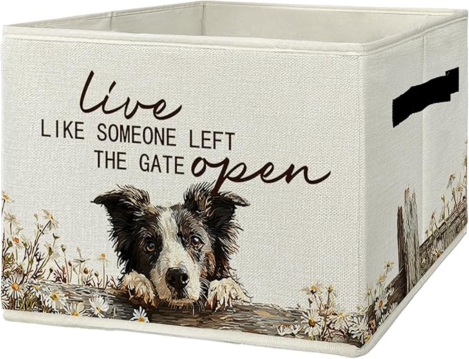 Border Collie Gifts Storage Bins with Handles, Rustic Farmhouse Dog Foldable Basket for Organizing, Live Like Someone Left the Gate Open Collapsible Storage Basket for Bedroom Bathroom 630-snh