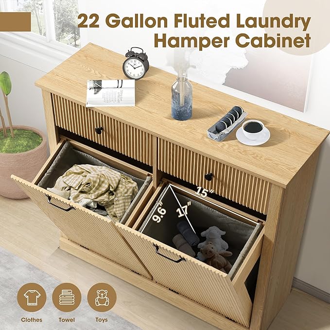 Grepatio Double Laundry Hamper, Tilt Out Laundry Hamper Cabinet, Fluted 22 Gallon Hidden Trash Can, Wooden Garbage Can Cabinet with 2 Drawer, Free Standing for Bathroom, Kitchen (Natural, Double)