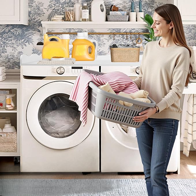 Washer Dryer Countertop,54''X27.6'' Wave Edge Wood Shelf Topper with Anti-Slip Patches,Laundry Room Washer and Dryer Laundries Hamper Counter Storage Organization (White)