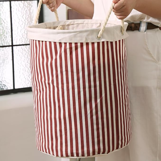 Large Storage Laundry Hamper Basket 62L with Handles, Waterproof, Freestanding, Collapsible Laundry Hamper, Classic Stripes Pattern, Red Color-Dirty Clothes Toy Organizer Bins